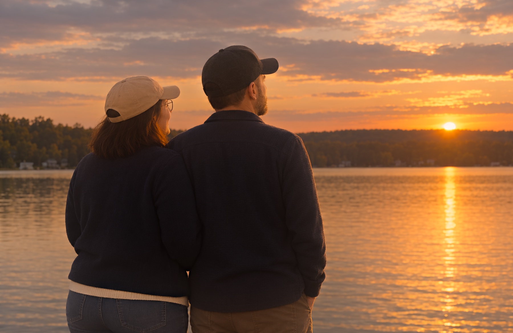 Shawn and Bria standing together beside the lake at sunset