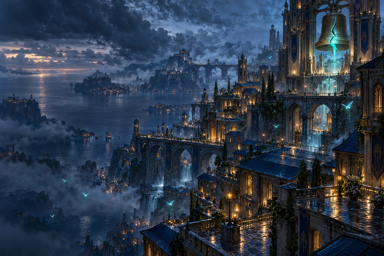 The illuminated bell towers of Merrowick rise above a misty harbour