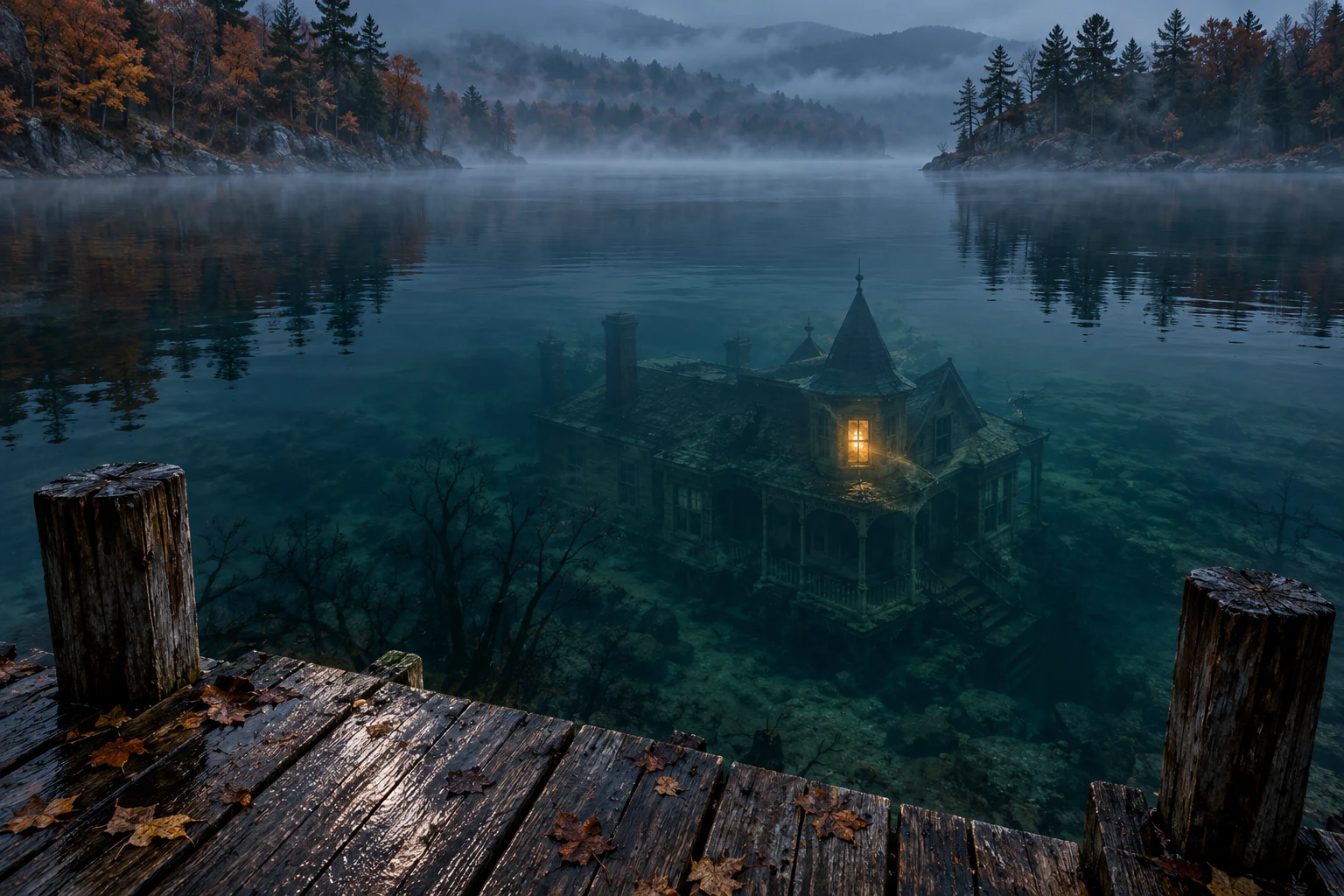 A Victorian house beneath a twilight lake, one upstairs window glowing gold.