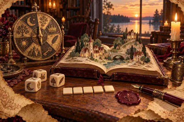 A handcrafted story-making table with a paper village, storyteller wheel, character dice and story tiles